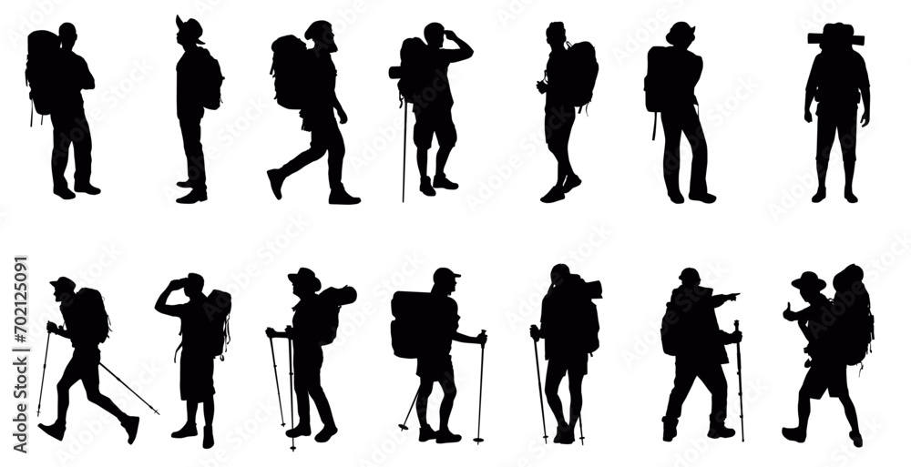 Silhouette of hiker. Collection of male and female hiker. mountaineer climber hiker people, vector silhouette collection - obrazy, fototapety, plakaty 