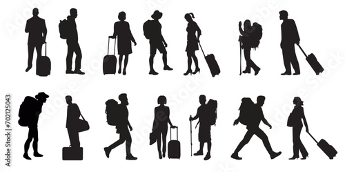 Collection of hiker and traveler silhouette. Set of silhouette of traveler with luggage and climber, hiker backpacker mountaineer. 