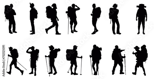 Silhouette of hiker. Collection of male and female hiker. mountaineer climber hiker people, vector silhouette collection