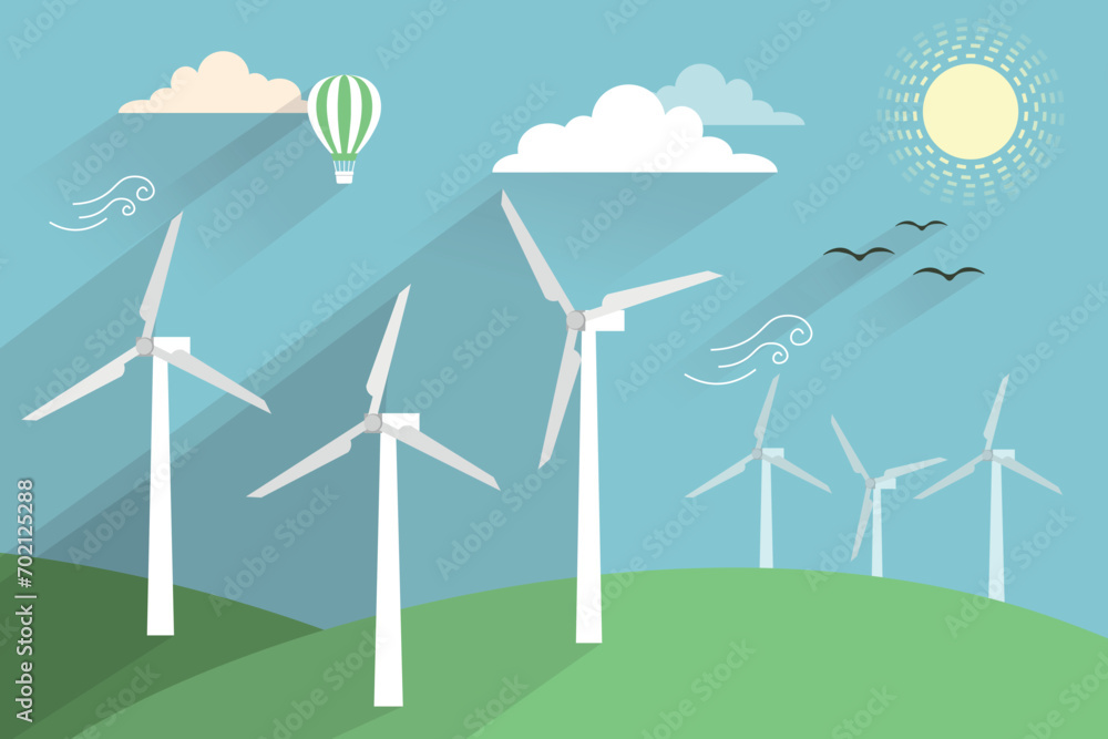 Vector Flat Design Banner of renewable energy concept. Wind Turbines energy generators. Green Energy and Renewable Energy Concept Vector Illustration. Eco Friendly and Recycling Isolated Vector Icons. Vector Flat Design Banner of renewable energy concept. Wind Turbines energy generators. Green Energy and Renewable Energy Concept Vector Illustration. Eco Friendly and Recycling Isolated Vector Icons.