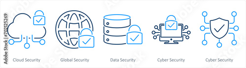 A set of 5 Cyber Security icons as cloud security, global security, data security photo