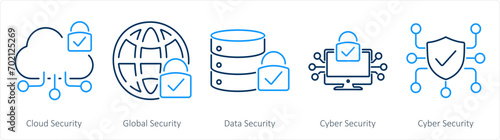A set of 5 Cyber Security icons as cloud security, global security, data security