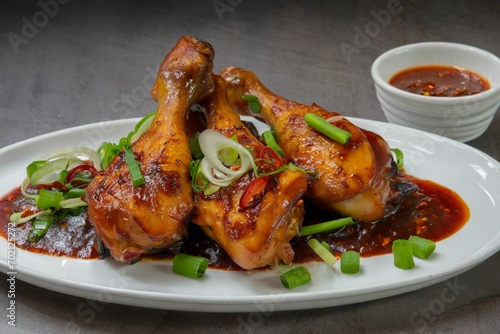 These chicken leg pieces are grilled, with green onions and chili sweet sauce