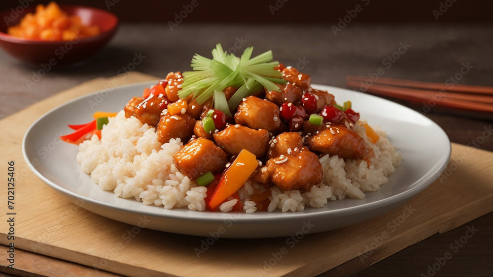 image that showcases the artistry of plating sweet and sour chicken on a bed of brown rice image that showcases the artistry of plating sweet and sour chicken on a bed of brown rice