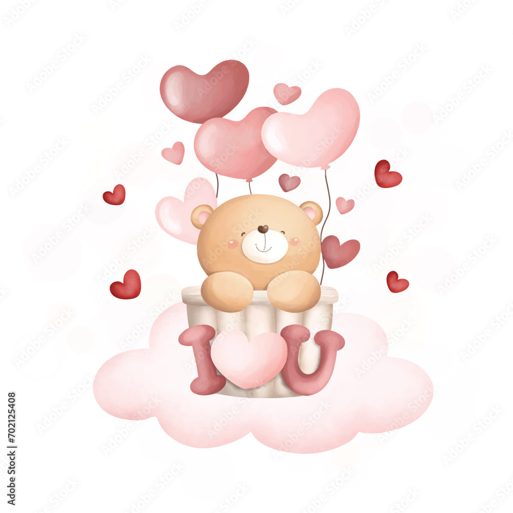 Watercolor Illustration Valentine Bear in Basket on Pink Cloud with Red Heart