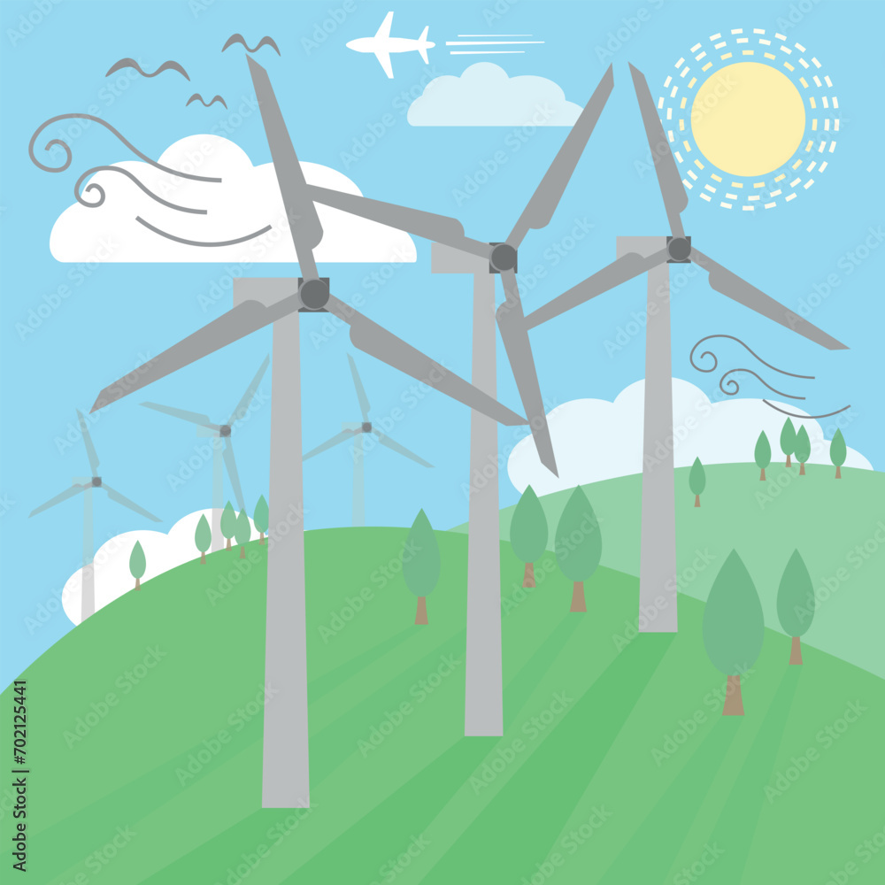 Vector Flat Design Banner of renewable energy concept. Wind Turbines ...