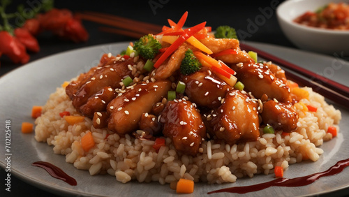 image that showcases the artistry of plating sweet and sour chicken on a bed of brown rice
