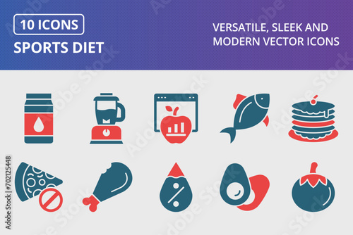 Sports Diet Glyph Two Color Icons Set