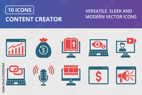 Content Creator Glyph Two Color Icons Set