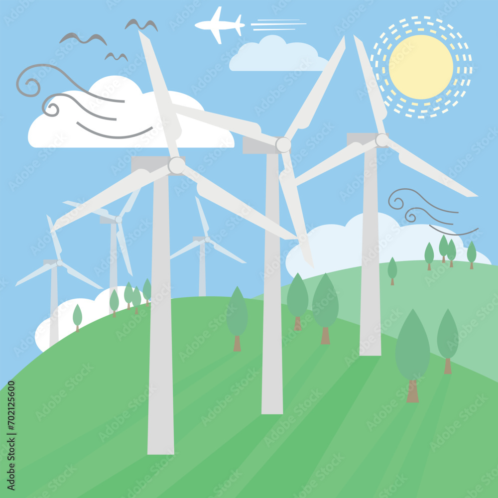 Vector Flat Design Banner of renewable energy concept. Wind Turbines energy generators. Green Energy and Renewable Energy Concept Vector Illustration. Eco Friendly and Recycling Isolated Vector Icons.