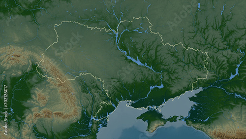 Ukraine between 2014 and 2022 outlined. Physical elevation map