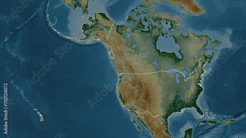 United States of America outlined. Physical elevation map