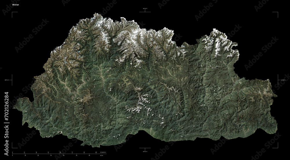 Obraz premium Bhutan shape isolated on black. Low-res satellite map