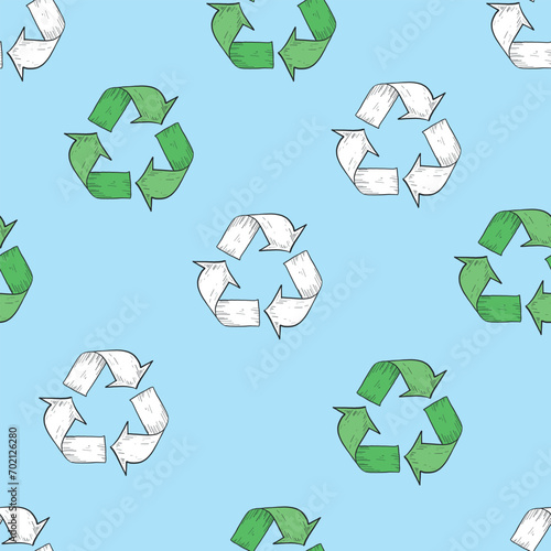 Recycle Sign and Renewable Icon Vector Seamless Pattern Hand Drawn Retro Style Recycling Concept Pattern Background Can be used as Wallpaper Card or Banner Template. Eco Friendly and Reusable Products