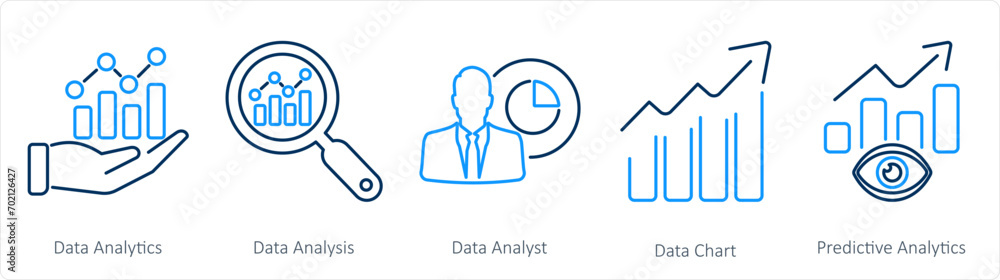 A set of 5 data analytics icons as data analytics, data analysis, data analyst A set of 5 data analytics icons as data analytics, data analysis, data analyst