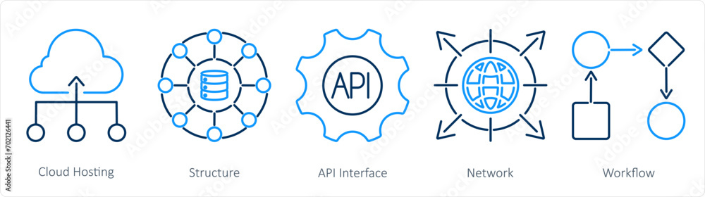 A set of 5 data analytics icons as cloud hosting, structure, api interface A set of 5 data analytics icons as cloud hosting, structure, api interface