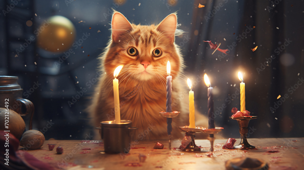 Ginger cat with a birthday cake