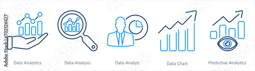 A set of 5 data analytics icons as data analytics, data analysis, data analyst