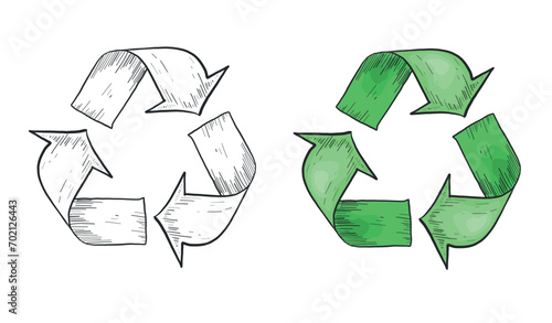 Vector Hand Drawn Recycling icons set. Vintage retro style pencil drawing recycle sign illustrations isolated on white background. Clean Environment concept signs.