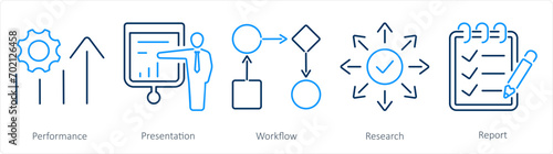 A set of 5 data analytics icons as performance, presentation, workflow