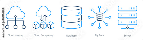 A set of 5 data analytics icons as cloud hosting, cloud computing, database