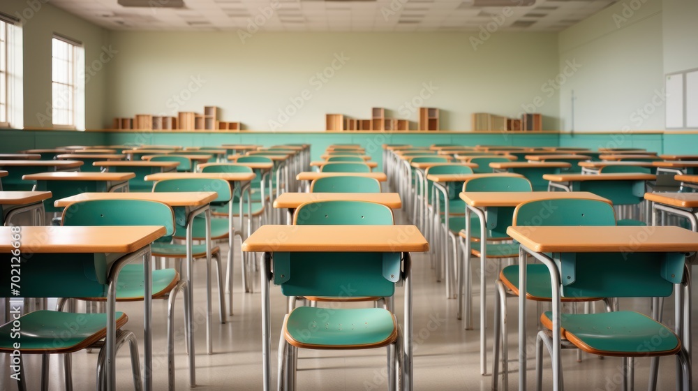 Empty Classroom with Green Chairs