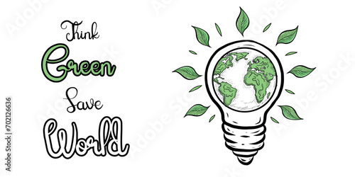 Think Green and Save the World. Clean Energy Concept Illustration. Hand Drawn Alternative energy Concept Banner. Earth day and save the planet concept creative banner design.