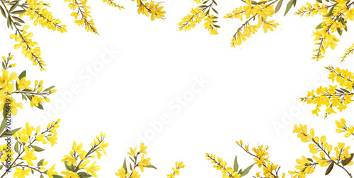 background of spring forysthia flowers. negative free space for text on transparent backdrop. border.