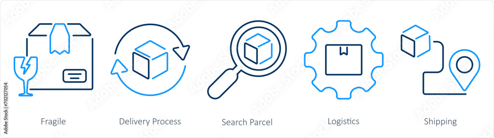 A set of 5 delivery icons as fragile, delivery process, search parcel