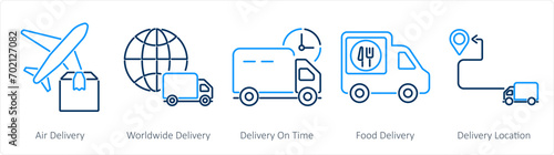 A set of 5 delivery icons as air delivery, worldwide dellivery, delivery on time