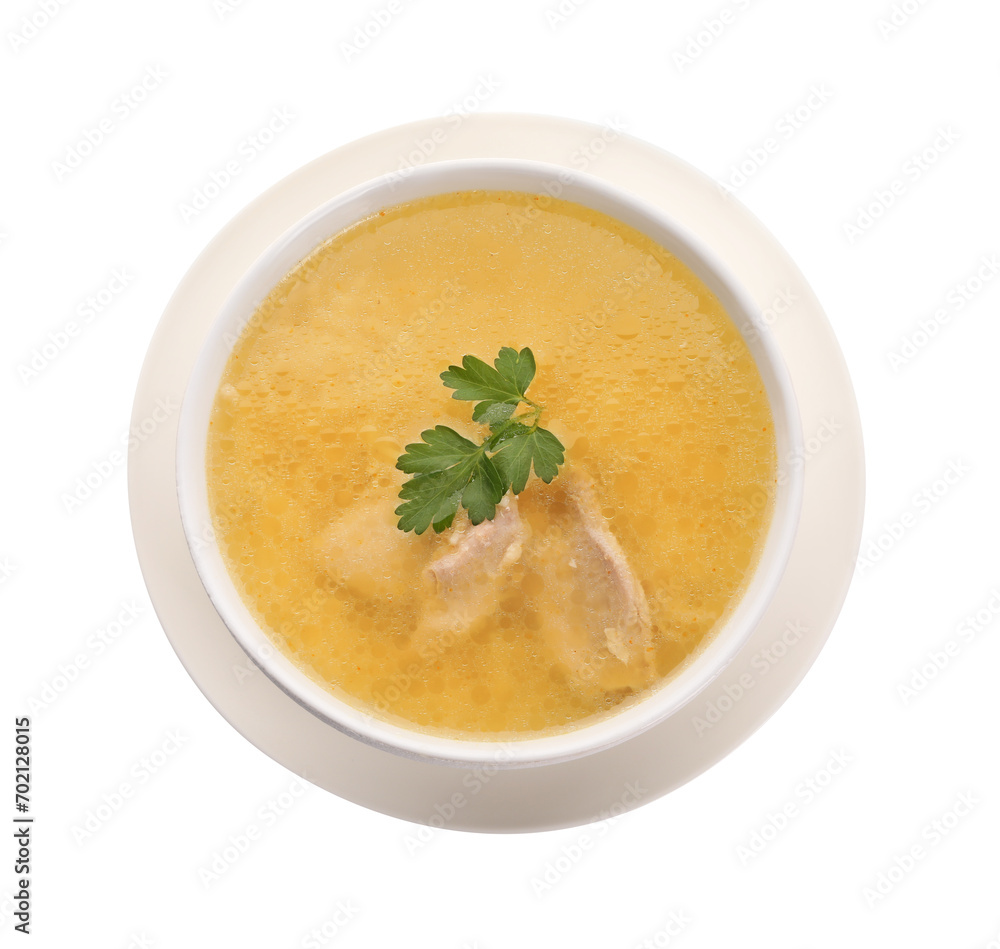 Delicious chicken soup with parsley isolated on white, top view Delicious chicken soup with parsley isolated on white, top view