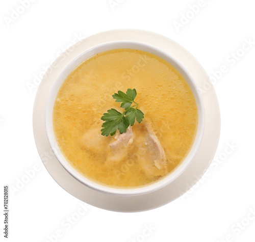 Delicious chicken soup with parsley isolated on white, top view