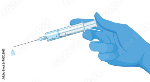 Hand in medical glove with syringe. Vector cartoon illustration.
