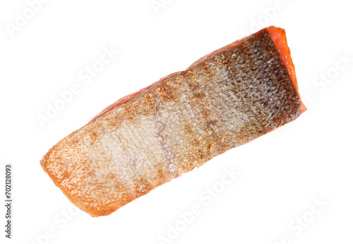 Foto Piece of tasty grilled salmon isolated on white, top view