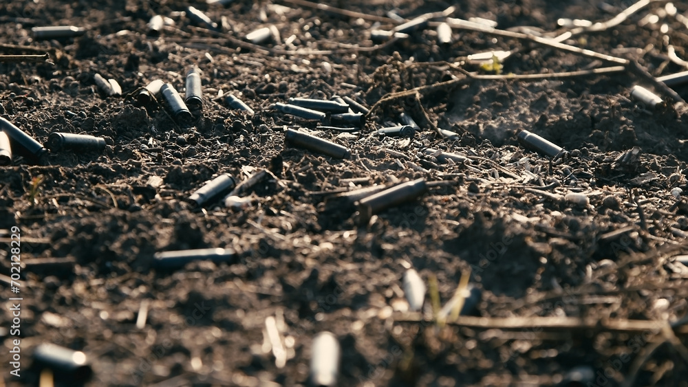A scorched field after a battle with a machine gun shell. Field with small sprouts of plants. War concept A scorched field after a battle with a machine gun shell. Field with small sprouts of plants. War concept