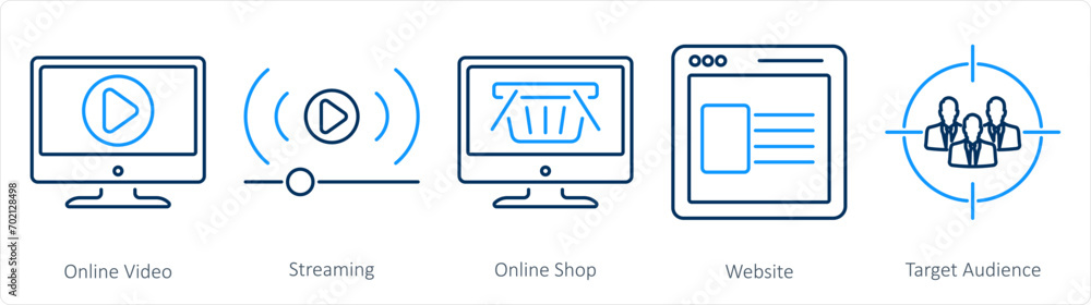 A set of 5 digital marketing icons as online video, streaming, online shop A set of 5 digital marketing icons as online video, streaming, online shop