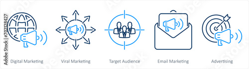 A set of 5 digital marketing icons as digital marketing, viral marketing, target audience