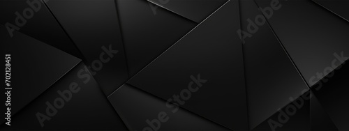 Abstract texture dark black gray background banner panorama long with 3d geometric triangular gradient shapes for website, business, print design template metallic metal paper pattern illustration..