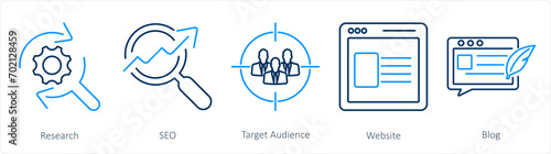 A set of 5 digital marketing icons as research, seo, target audience