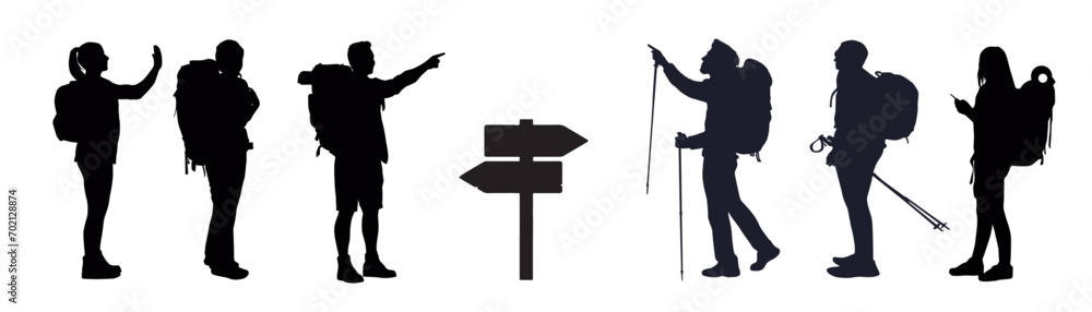 Hiker in mountain silhouettes, Hiking silhouette, Backpacker silhouettes, Hiker in mountain vector, Adventure silhouette, Mountaineer climber hiker vector illustration. - obrazy, fototapety, plakaty 