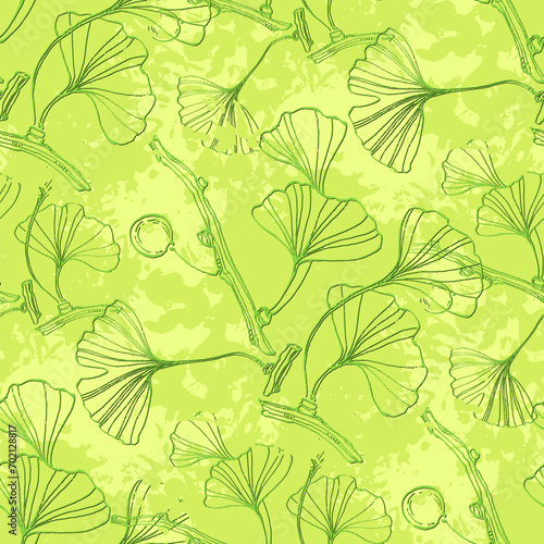 Ginkgo Biloba Plant Seamless Pattern. Ayurvedic Medicine Theme. Japanese Tree. Nature leaves outline design for various textiles and the design of medical cosmetics. Vector illustration