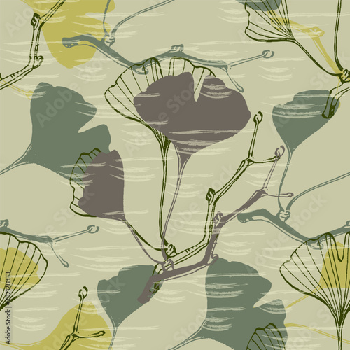 Ginkgo Biloba Plant Seamless Pattern. Ayurvedic Medicine Theme. Japanese Tree. Nature leaves outline design for various textiles and the design of medical cosmetics. Vector illustration