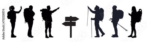 Hiker in mountain silhouettes, Hiking silhouette, Backpacker silhouettes, Hiker in mountain vector, Adventure silhouette, Mountaineer climber hiker vector illustration.