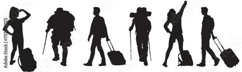 Collection of hiker and traveler silhouette. Set of silhouette of traveler with luggage or suitcase,  hiker ,backpacker mountaineer. 