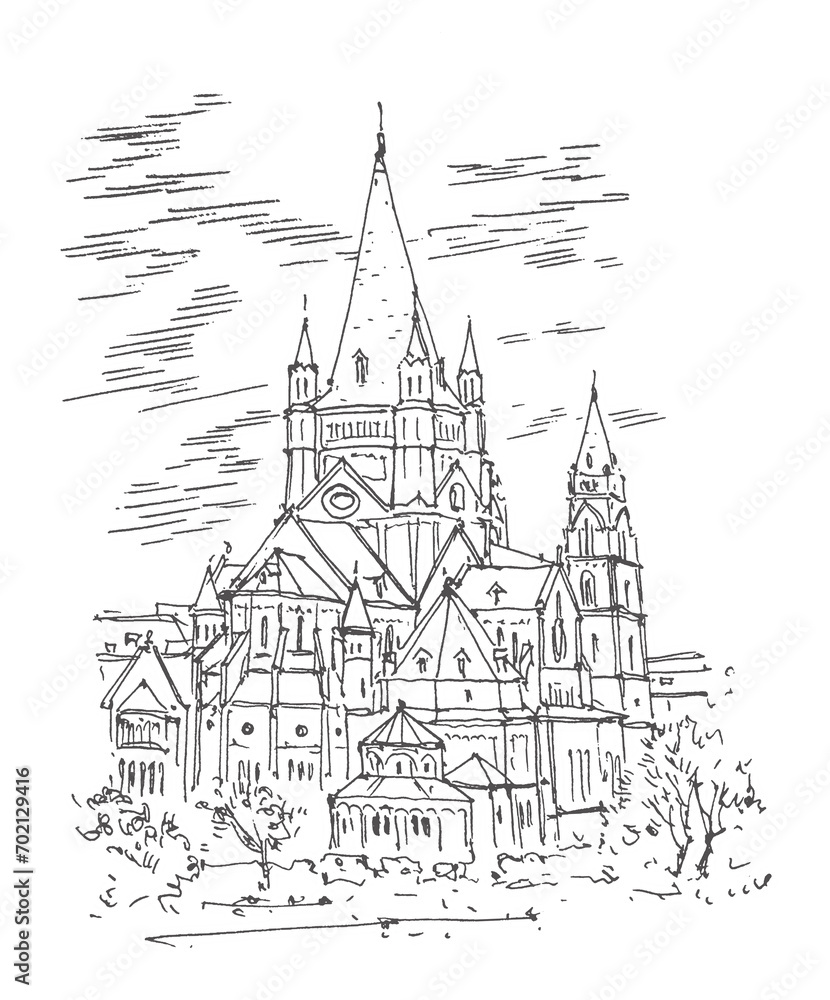 Travel sketch of St. Francis of Assisi Church, Vienna, Austria. Historical building line art. Freehand drawing. Hand drawn travel postcard. Urban sketch in black color isolated on white background.