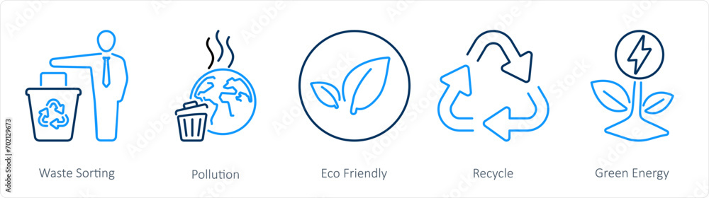 A set of 5 Ecology icons as waste sorting, pollution, eco friendly A set of 5 Ecology icons as waste sorting, pollution, eco friendly