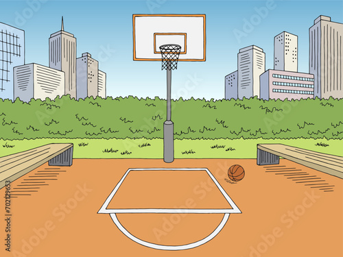 Basketball court street sport graphic color city landscape sketch illustration vector 