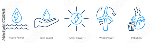 A set of 5 Ecology icons as hydro power, save water, solar power