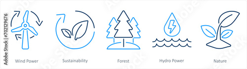 A set of 5 Ecology icons as wind power, sustainability, forest