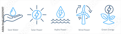 A set of 5 Ecology icons as save water, solar power, hydro power photo